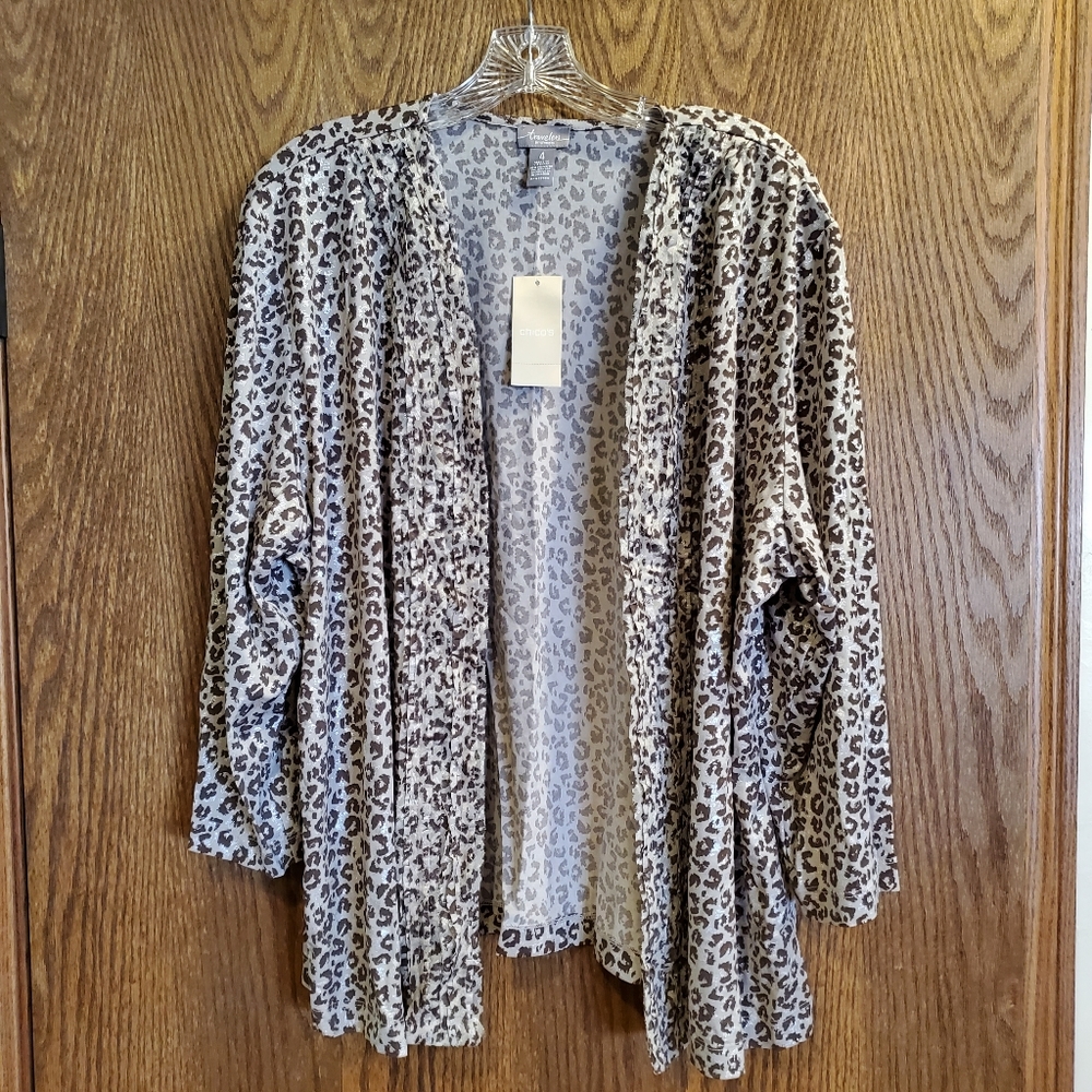 Chico's Travelers Leopard Ruffle Jacket - Brown/Taupe/Silver - Size 4  N…